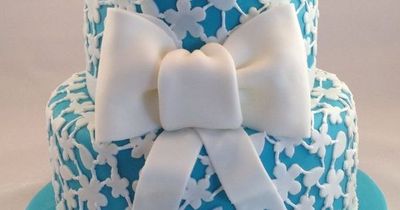 Turquoise and white hand cut flowers and piped cake ~ all edible