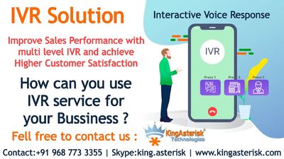 IVR.jpg
KingAsterisk Providing Interactive Voice Response (IVR) is an automated telephony system.
visit : http://www.kingasterisk.com
Skype : king.asterisk
Contact : +91 9687733355