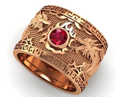 Father’s day Father’s day Golden Dragon Ring Wide Band Red Mens Ring Gift for Man Large Ring Ruby Engraved Heavy Mens Ring $3864.00