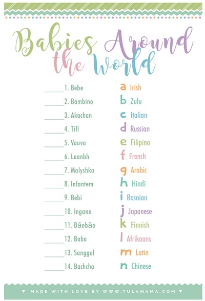 Babies around the world
Free printable baby shower games