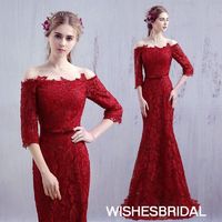 Off The Shoulder Lace Sweep Train Corset Back Red Trumpet Mermaid Prom Evening Dress