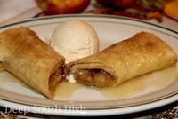 Stewed apples, seasoned with brown sugar, wrapped in flour tortillas and baked in a buttery sugar syrup.