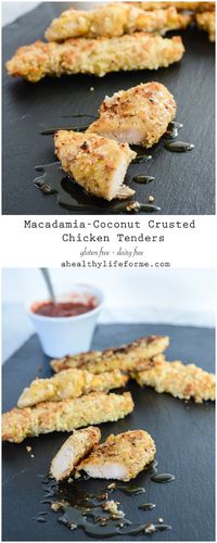 Macadamia Coconut Crusted Chicken Tenders are a healthy flavorful alternative to fried chicken. Gluten Free Dairy Free Paleo friendly and loaded with protein an