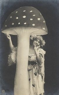 Vintage picture of a fairy-esque girl standing under a giant mushroom <3