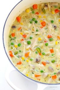 This Chicken Pot Pie Soup recipe is easy to make, lightened up a bit, yet still so rich and creamy and delicious!